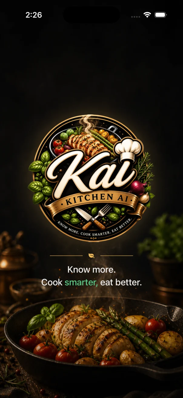 KAI splash screen with the KAI logo, warm kitchen scene, and Know more. Cook smarter, eat better tagline